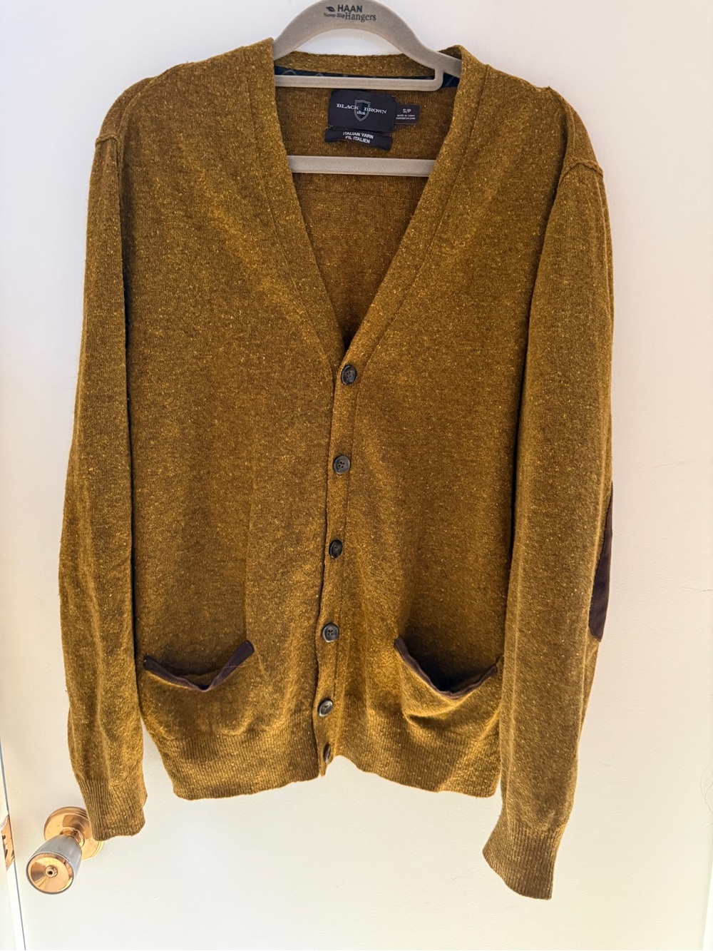 Black Brown 1826 Wool Blend Cardigan Small Mustard Elbow Patch Grandpa Sweater